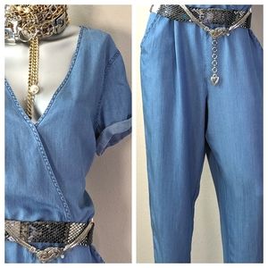 "New York & Company" Cuffed Hem Straight Leg Light Wash Jean Jumpsuit